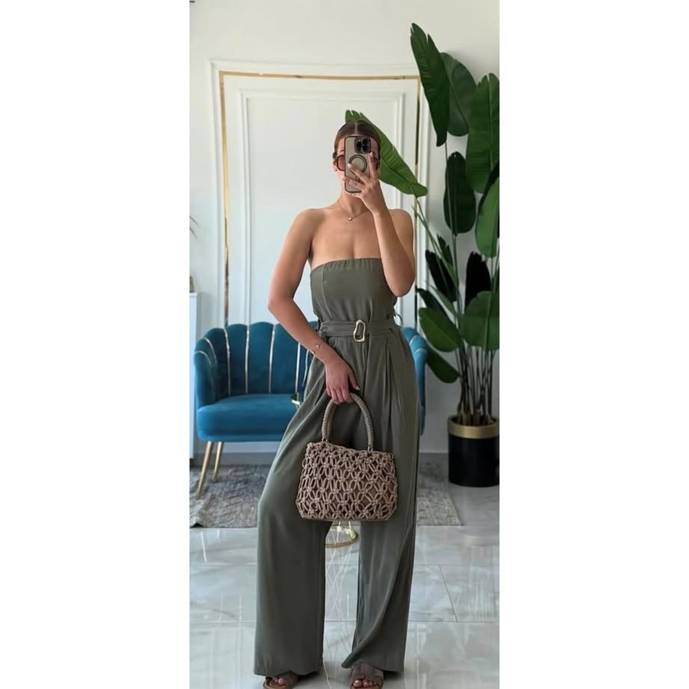 Zara Strapless bandeau Linen Blend Jumpsuit large Olive Green Belted pantsuit
